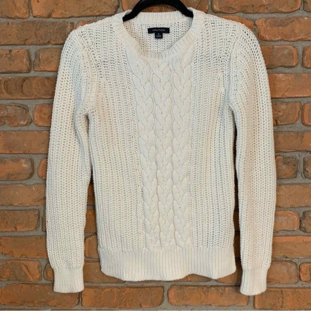 Nautica Cable Knit Sweater‎ Womens Size Small White Crew Neck Pullover Classic